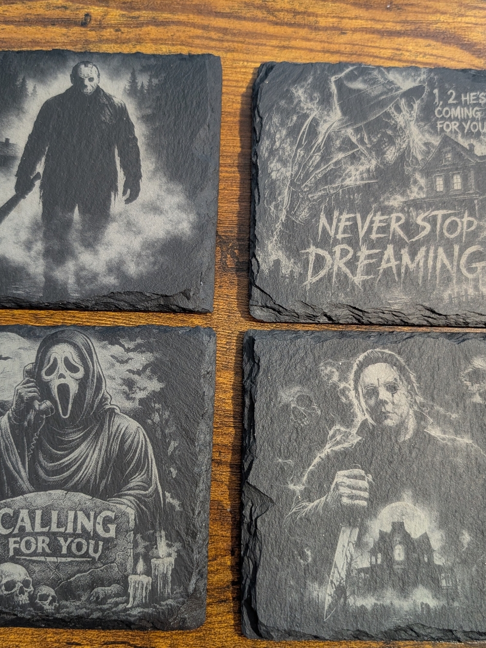 Horror Movie Themed Slate Coaster Set - Black/Grey